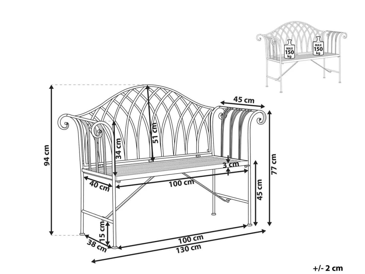 Panchina da giardino MILAZZO 130 cm Metallo Nero