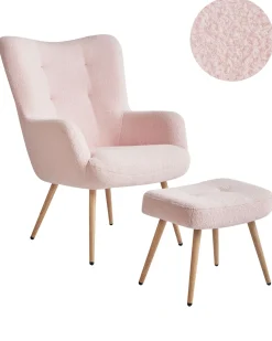 Poltrona Wingback VEJLE con poggiapiedi Bouclé Rosa pastello