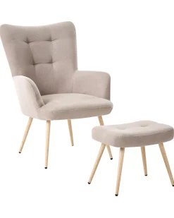 Poltrona Wingback VEJLE con poggiapiedi Tessuto Beige