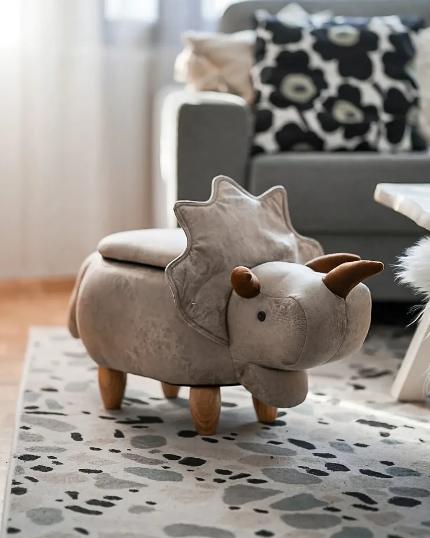 Pouf animaletto contenitore TRICERATOPS Tessuto Grigio chiaro Dinosauro