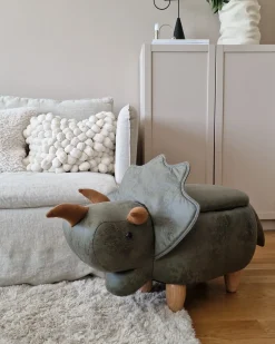 Pouf animaletto contenitore TRICERATOPS Tessuto Verde scuro Dinosauro