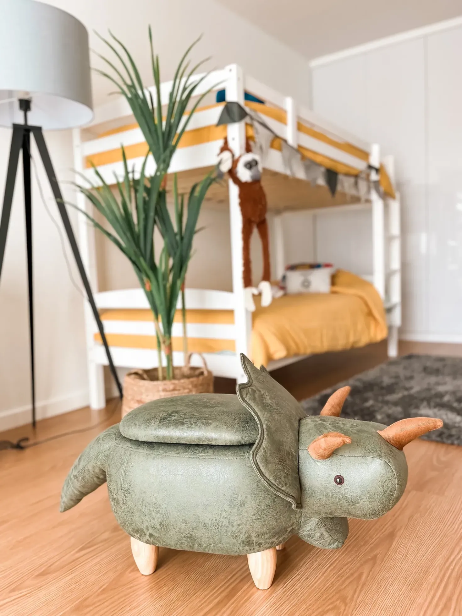 Pouf animaletto contenitore TRICERATOPS Tessuto Verde scuro Dinosauro