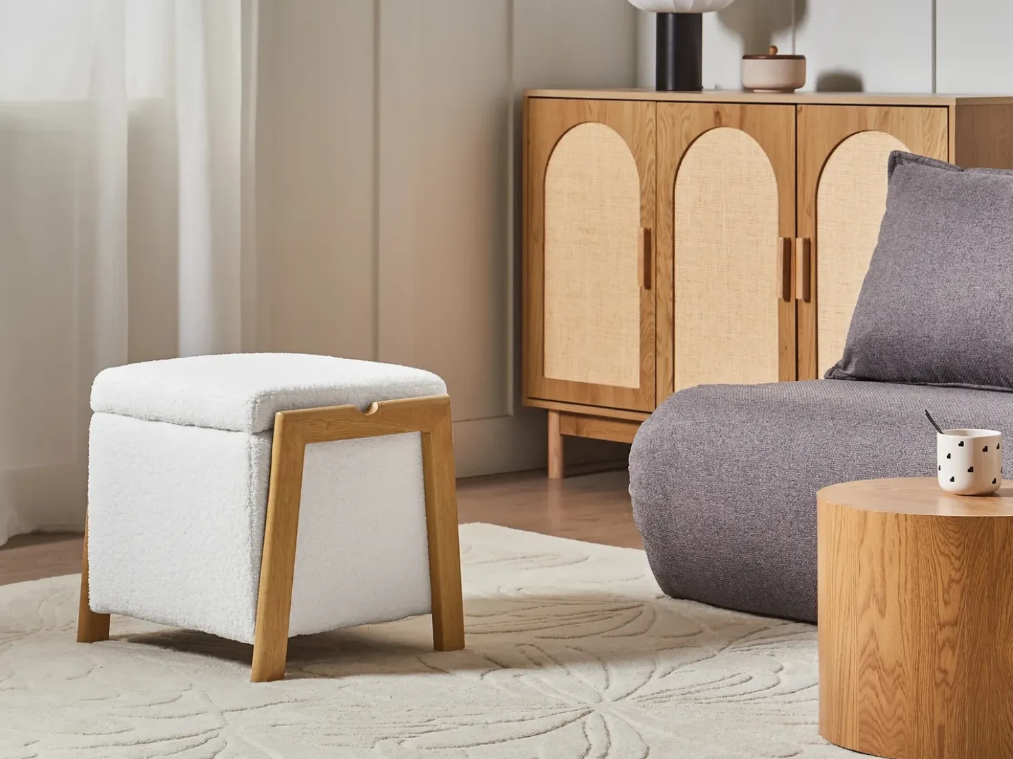 Pouf contenitore EDLAND Bouclé 45 cm 43 cm Bianco