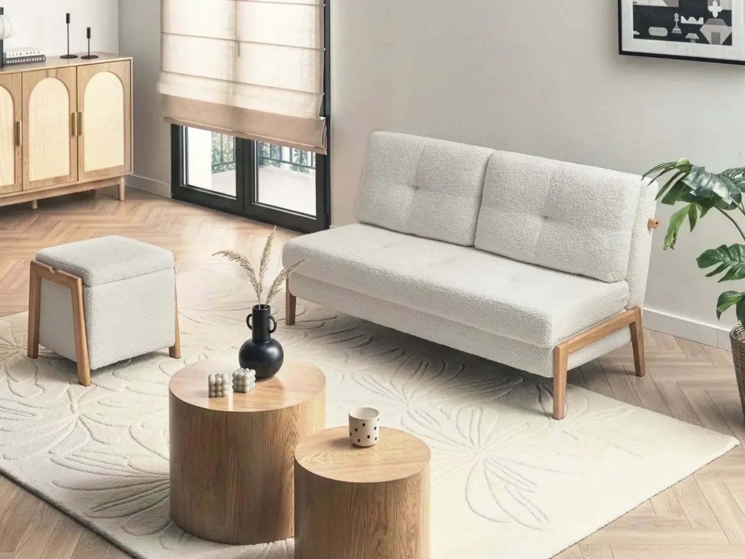 Pouf contenitore EDLAND Bouclé 45 cm 43 cm Bianco