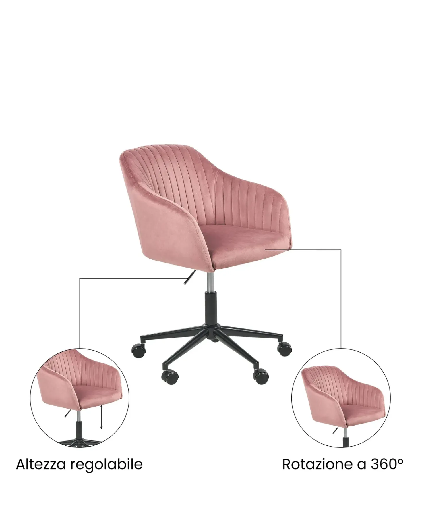 Sedia da scrivania VENICE Velluto Rosa