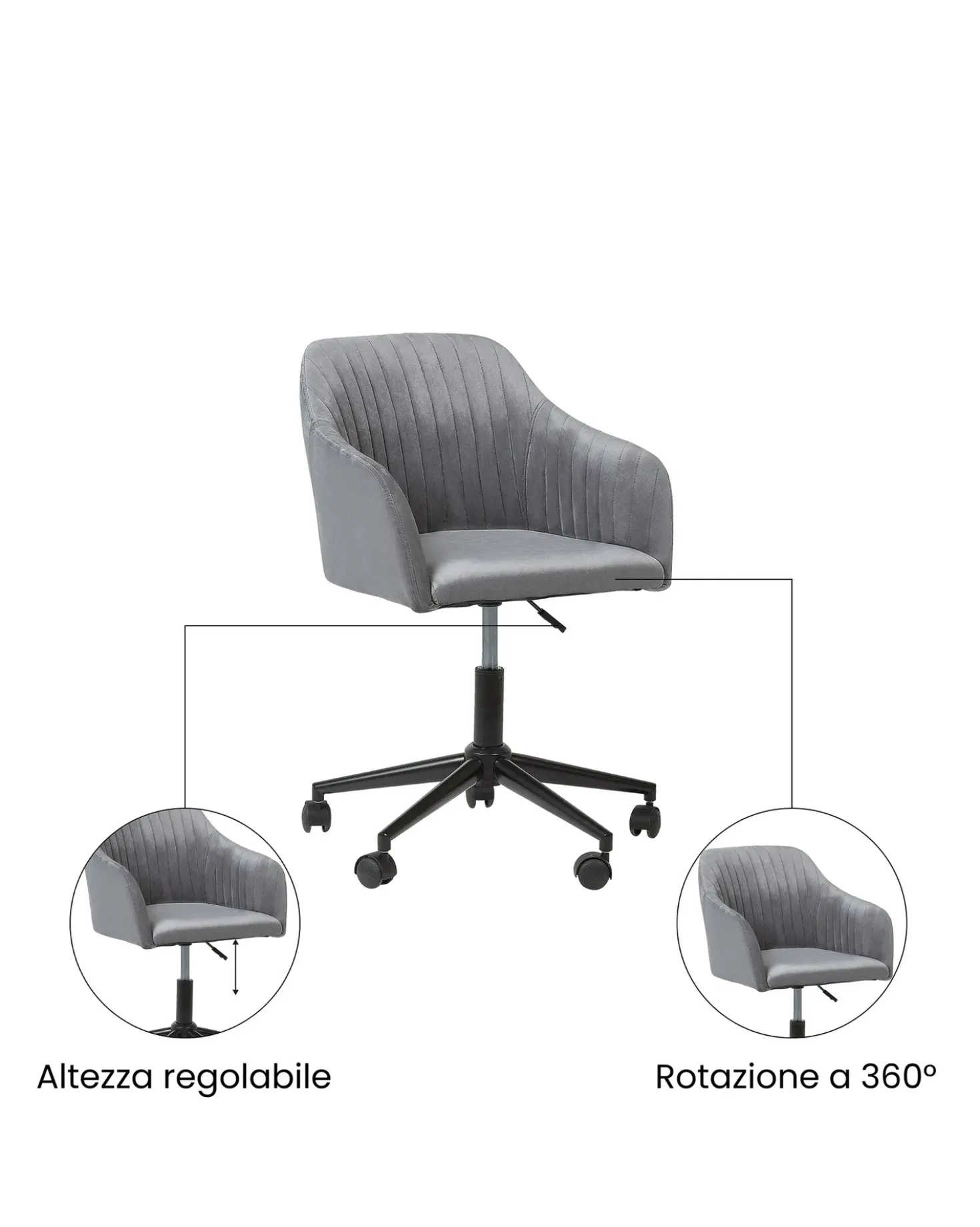 Sedia da scrivania VENICE Velluto Grigio