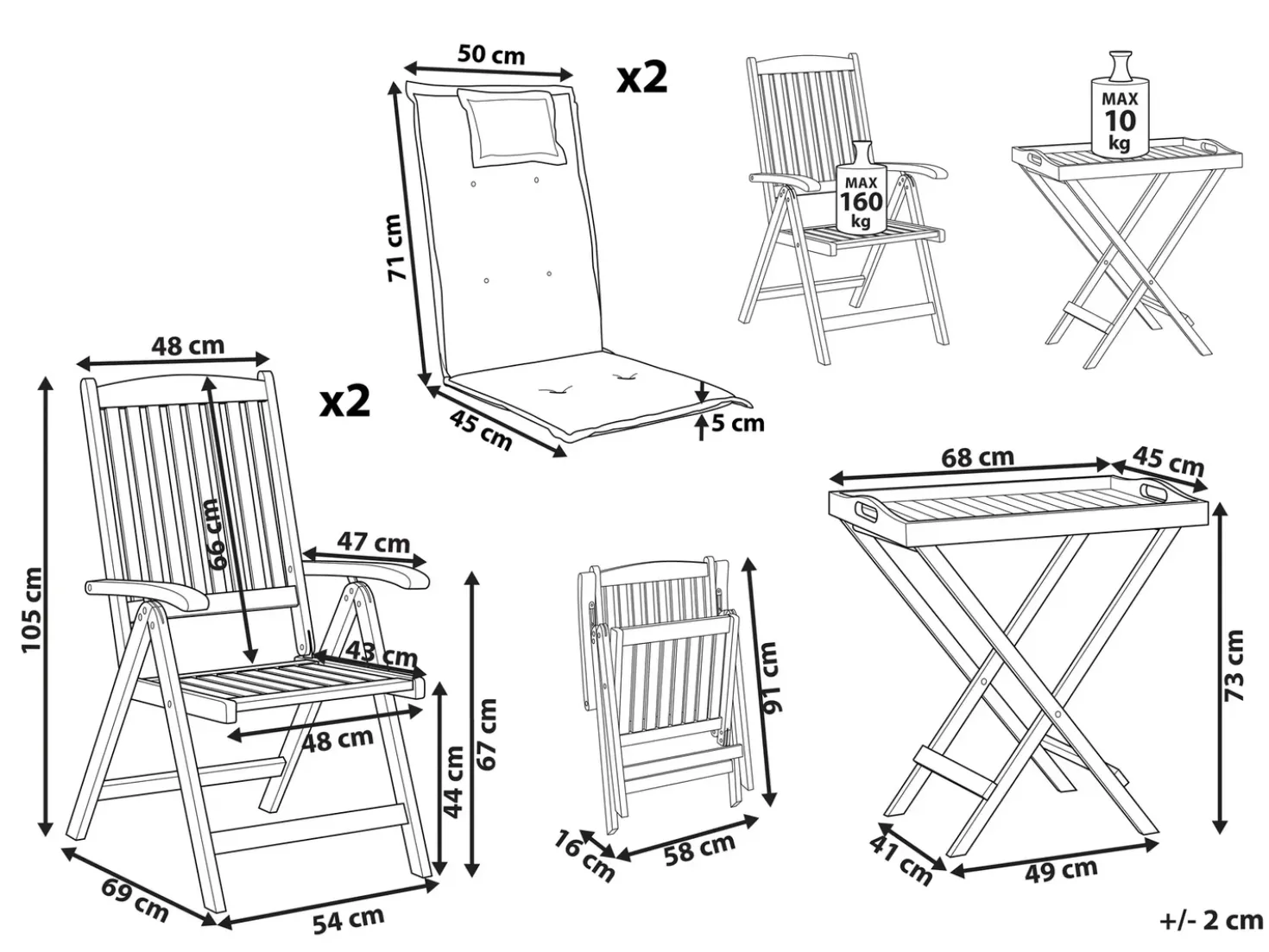 Set bistrot con cuscini Pieghevole AMANTEA Legno d'acacia Blu