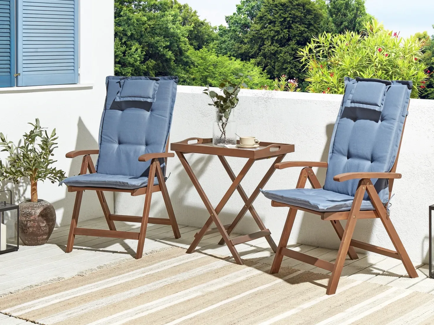 Set bistrot con cuscini Pieghevole AMANTEA Legno d'acacia Blu