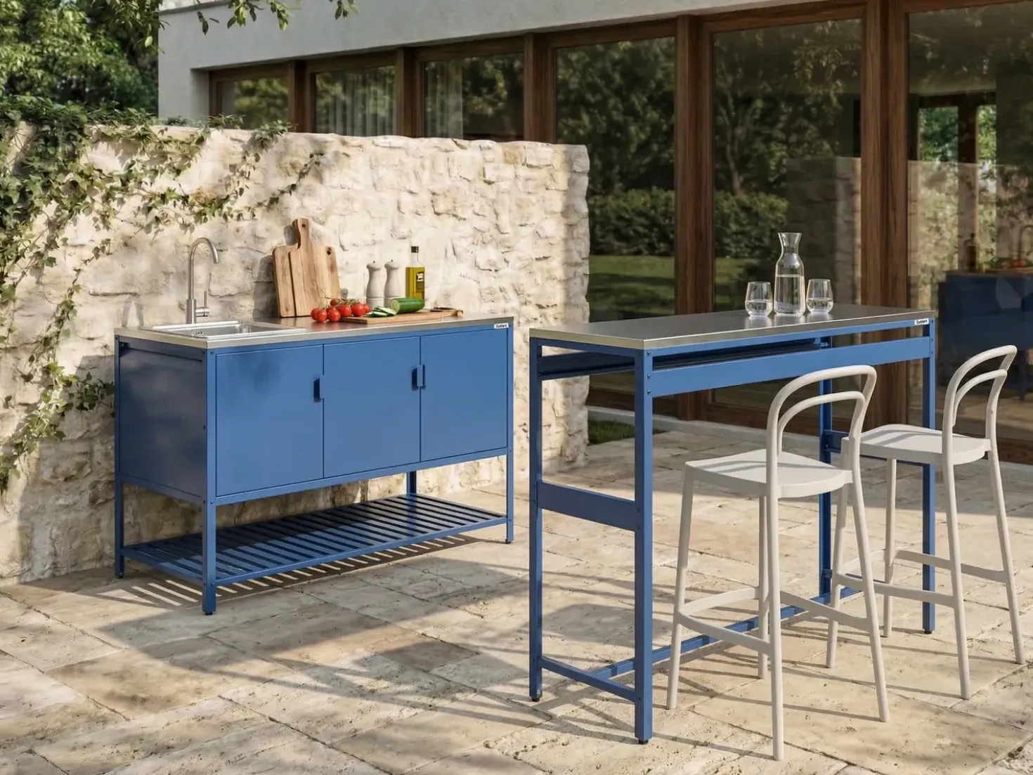 Set cucina da esterno 2 elementi con lavello MAENZA Metallo Blu