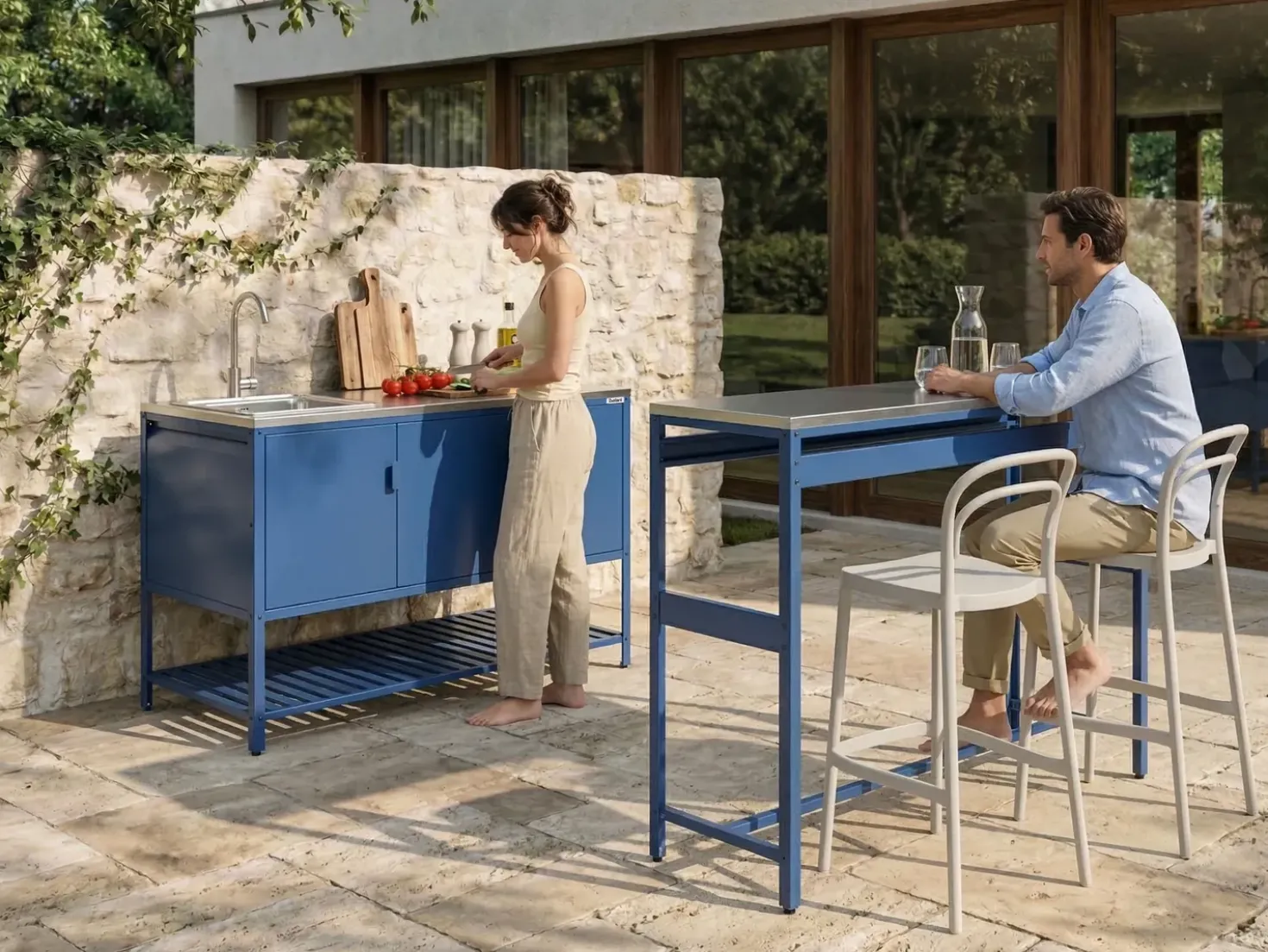 Set cucina da esterno 2 elementi con lavello MAENZA Metallo Blu