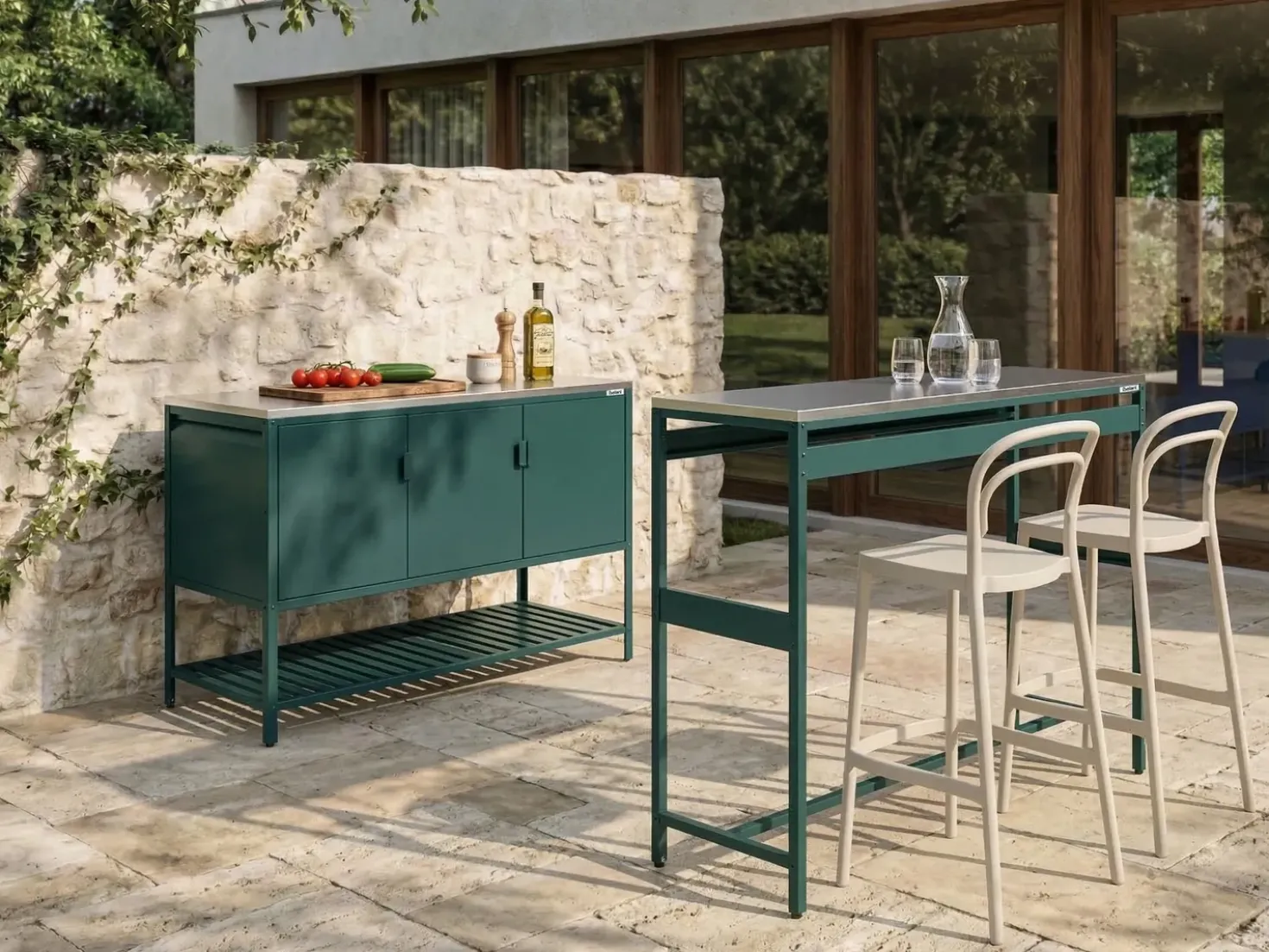 Set cucina da esterno 2 elementi con tavolo da bar MAENZA Metallo Verde