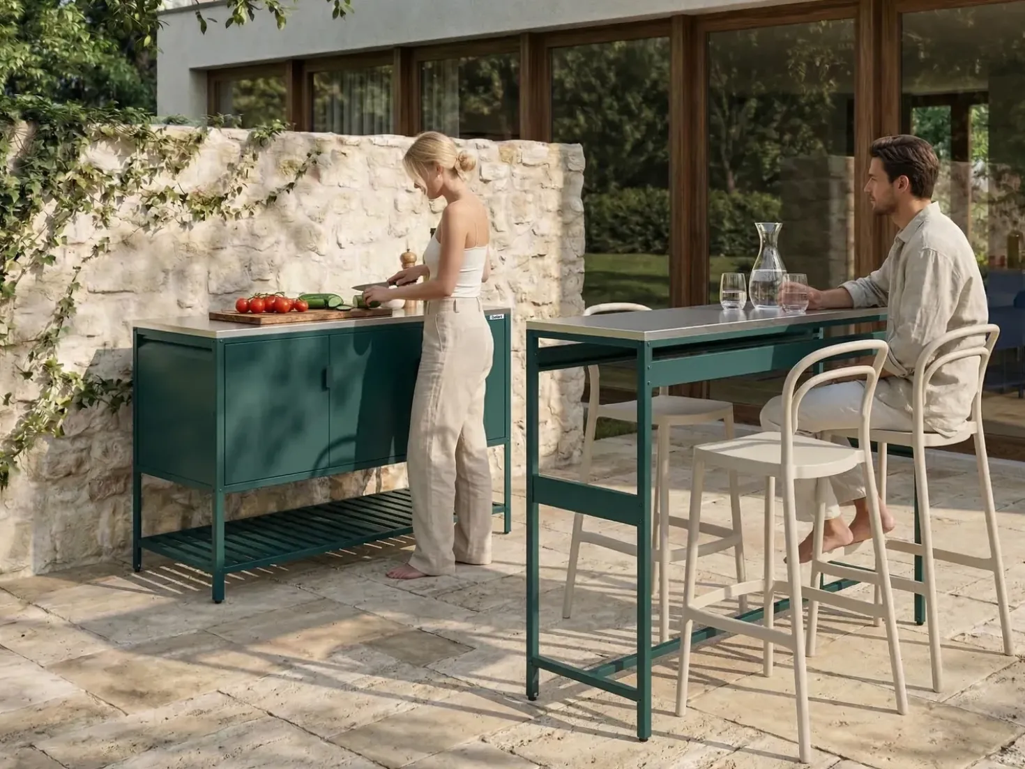 Set cucina da esterno 2 elementi con tavolo da bar MAENZA Metallo Verde