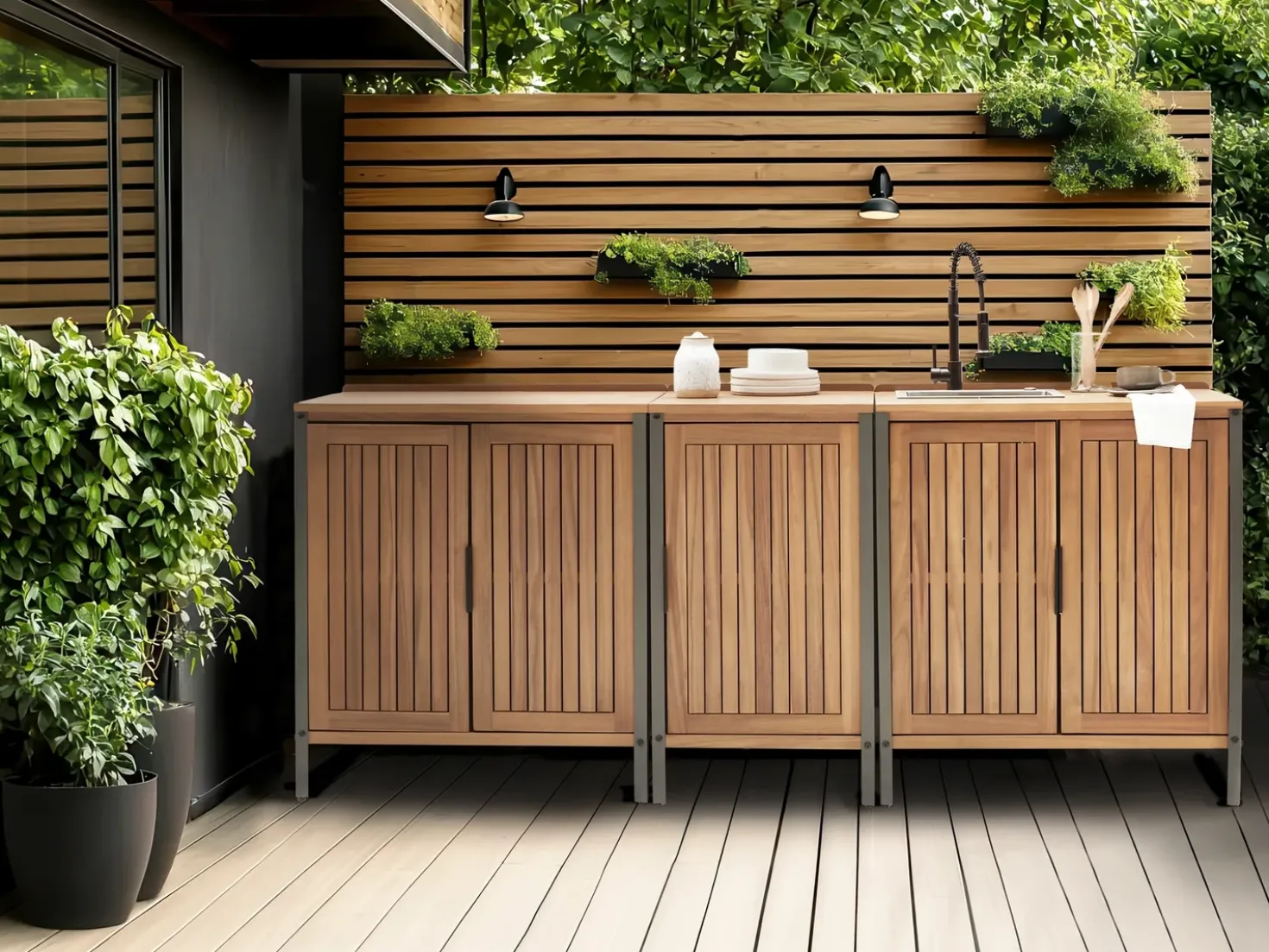 Set cucina da esterno 3 elementi con lavello IVREA Legno di acacia certificato Marrone/Nero