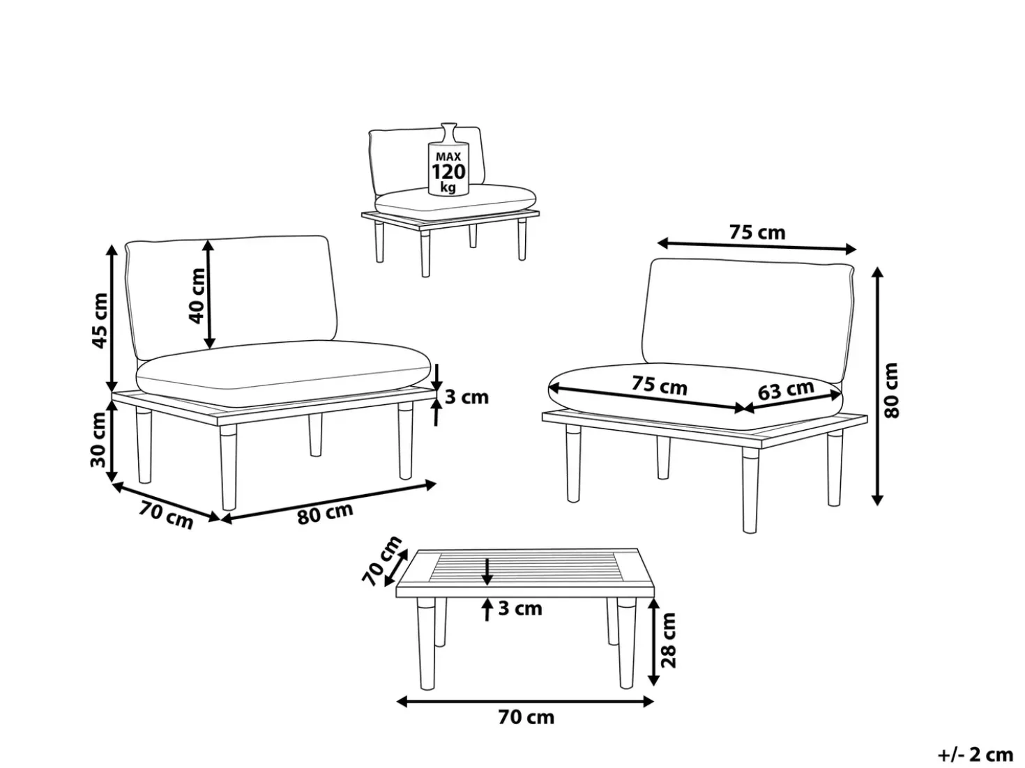 Set da giardino con tavolo 2 posti FRASCATI Modulare Legno di acacia certificato Bianco sporco