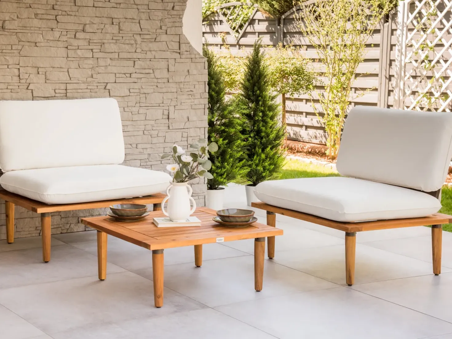 Set da giardino con tavolo 2 posti FRASCATI Modulare Legno di acacia certificato Bianco sporco