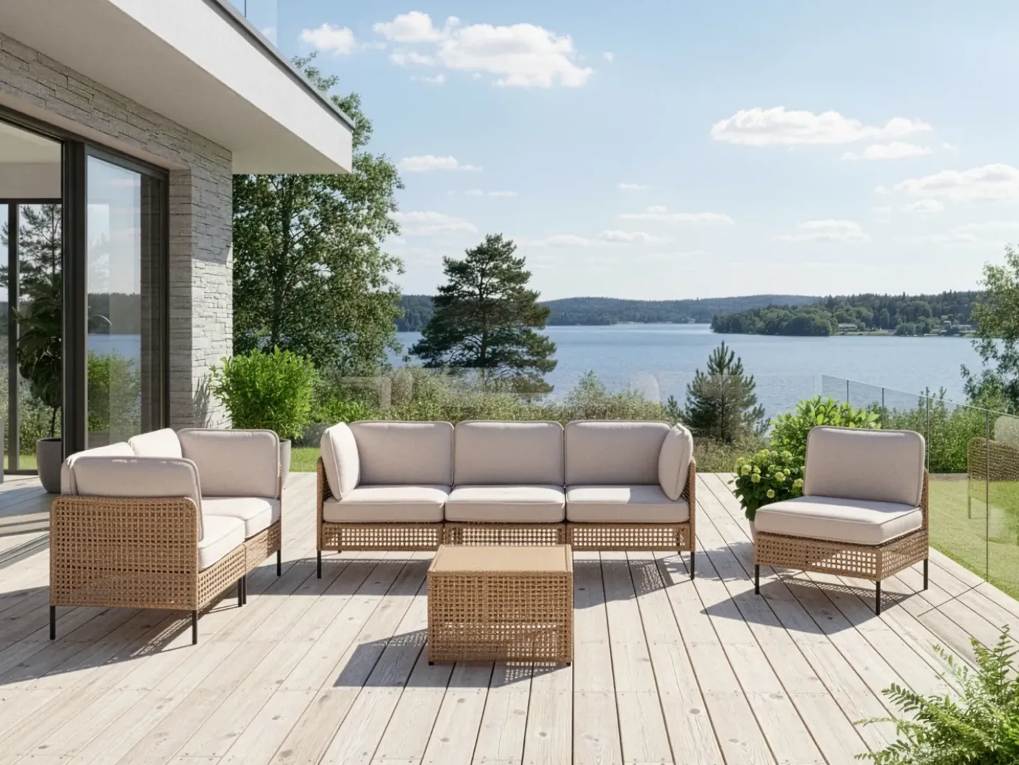 Set da giardino con tavolo 6 posti OMEGANA Modulare Rattan sintetico (PE) Beige chiaro