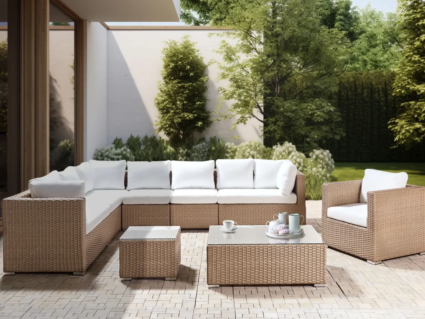 Set da giardino con tavolo 8 posti XXL Lato destro Modulare Rattan sintetico (PE) Beige sabbia