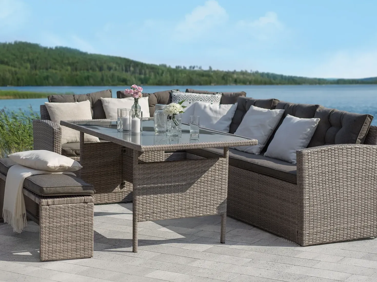 Set da giardino con tavolo 8 posti VITERBO con cuscini Rattan sintetico (PE) Grigio