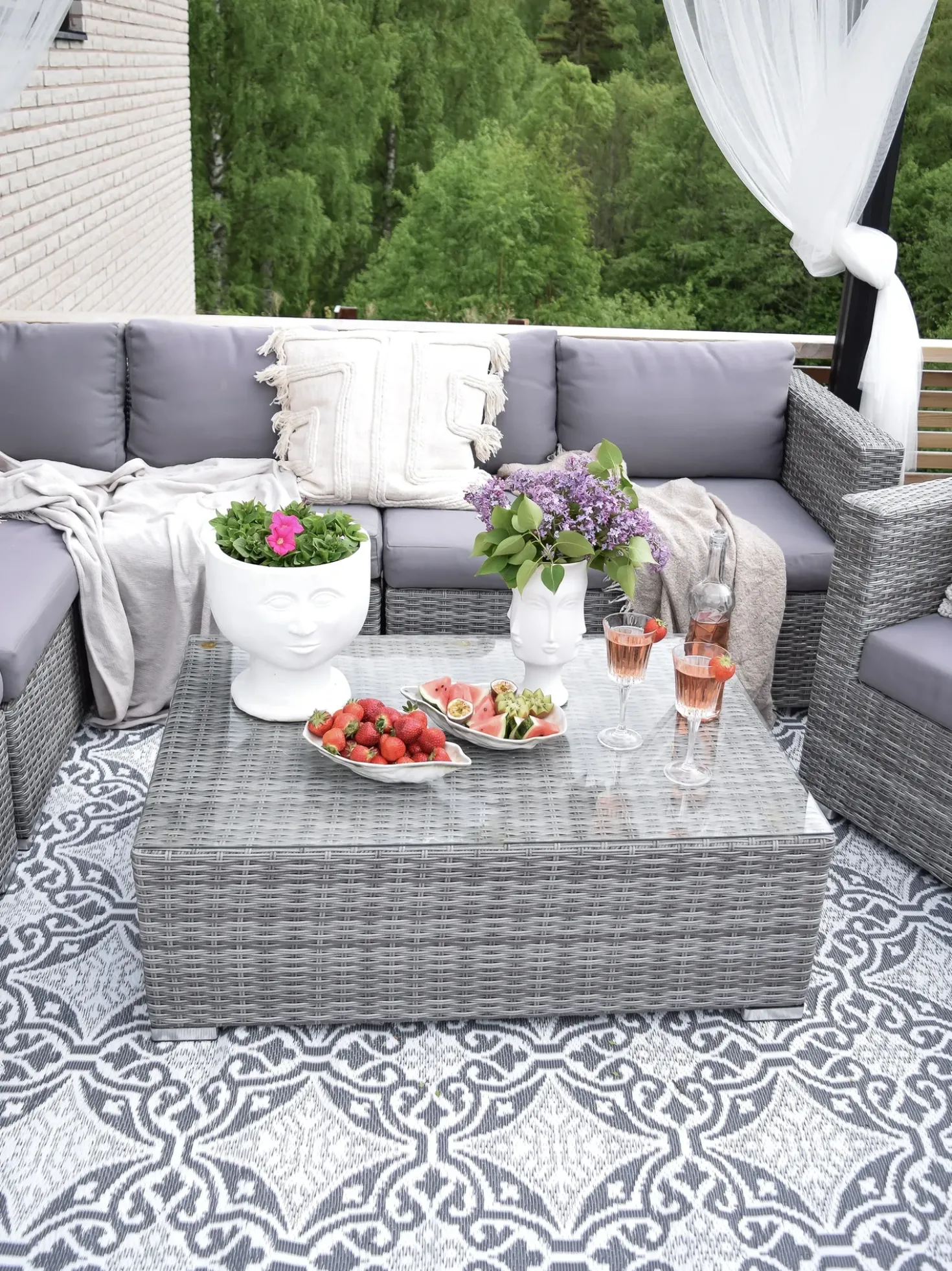 Set da giardino con tavolo 8 posti XXL Lato destro Modulare Rattan sintetico (PE) Grigio