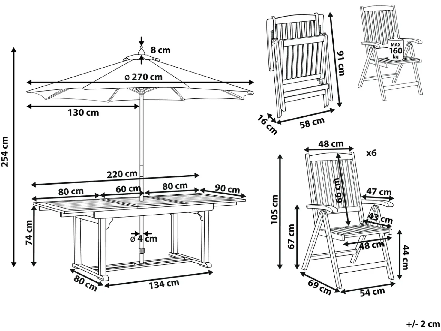 Set da pranzo da giardino 6 posti AMANTEA con Ombrellone Legno d'acacia Rosso