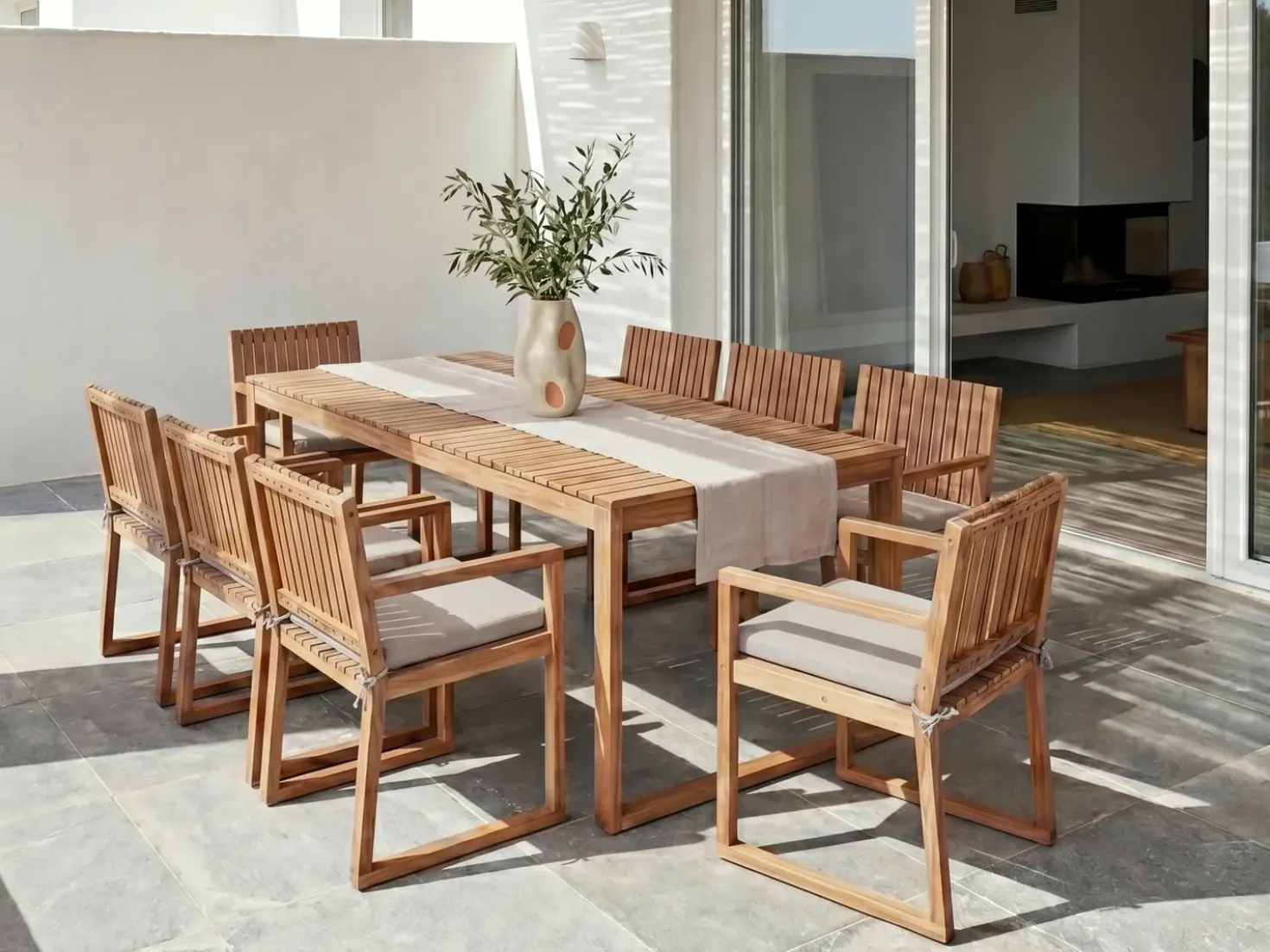 Set da pranzo da giardino 8 posti SASSARI PREMIUM con cuscini Legno di acacia certificato Tortora