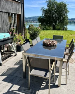 Set da pranzo da giardino 8 posti GROSSETO Piastra tripla Granito Lucido Nero/Grigio