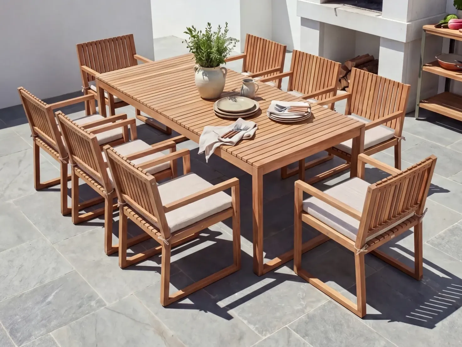 Set da pranzo da giardino 8 posti SASSARI PREMIUM con cuscini Legno di acacia certificato Beige chiaro