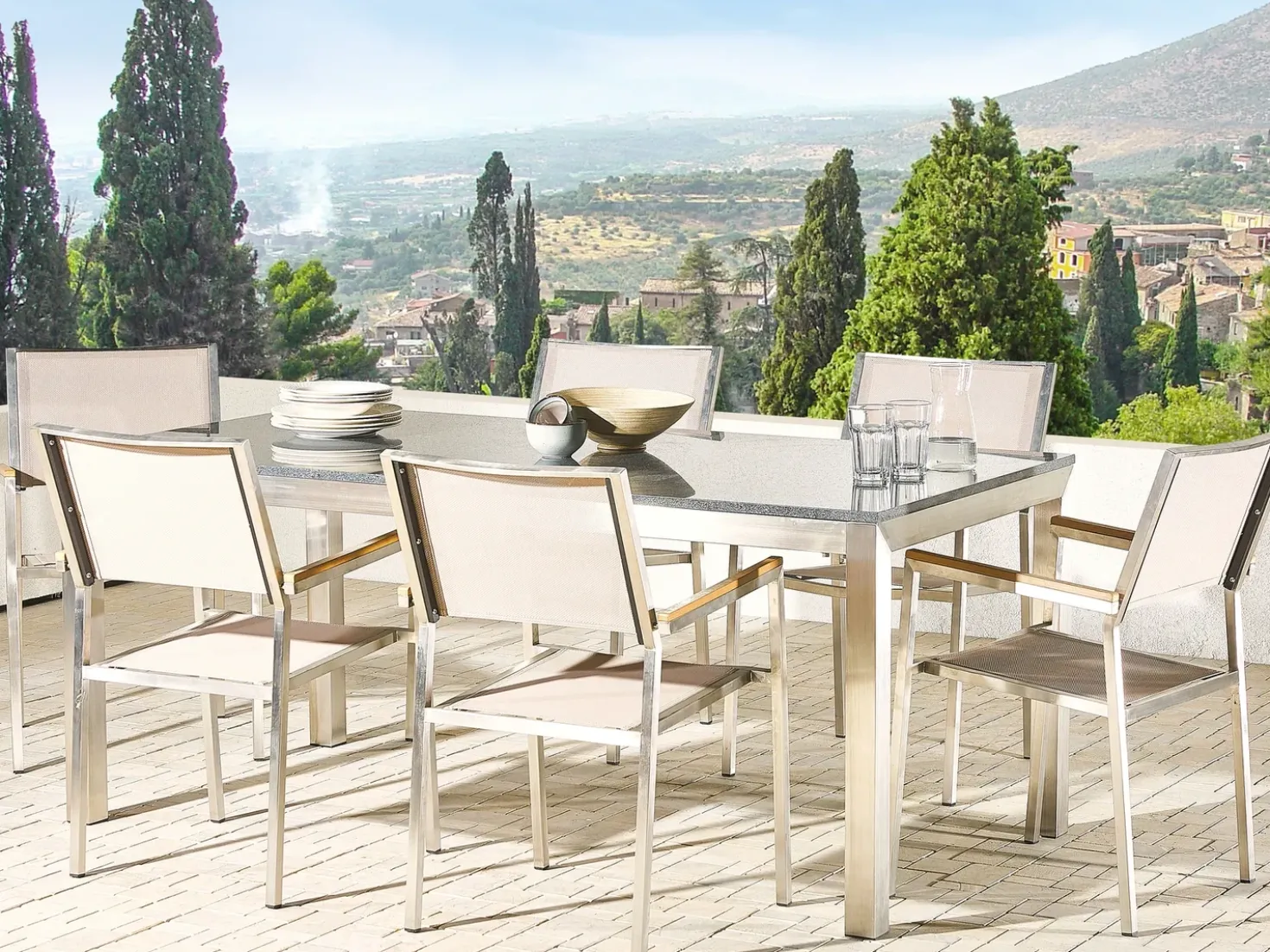 Set da pranzo da giardino 6 posti GROSSETO Granito Lucido Grigio/Beige