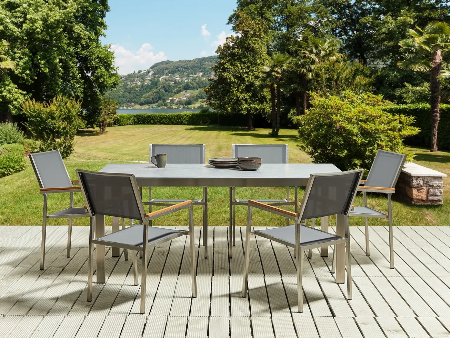 Set da pranzo da giardino 6 posti COSOLETO/GROSSETO Vetro temperato Effetto marmo Grigio