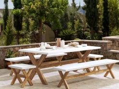 Set da pranzo da giardino con panche e sgabelli 8 posti OLBIA Cemento Bianco