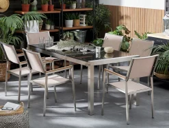 Set da pranzo da giardino 6 posti GROSSETO Piastra tripla Granito Lucido Nero/Beige