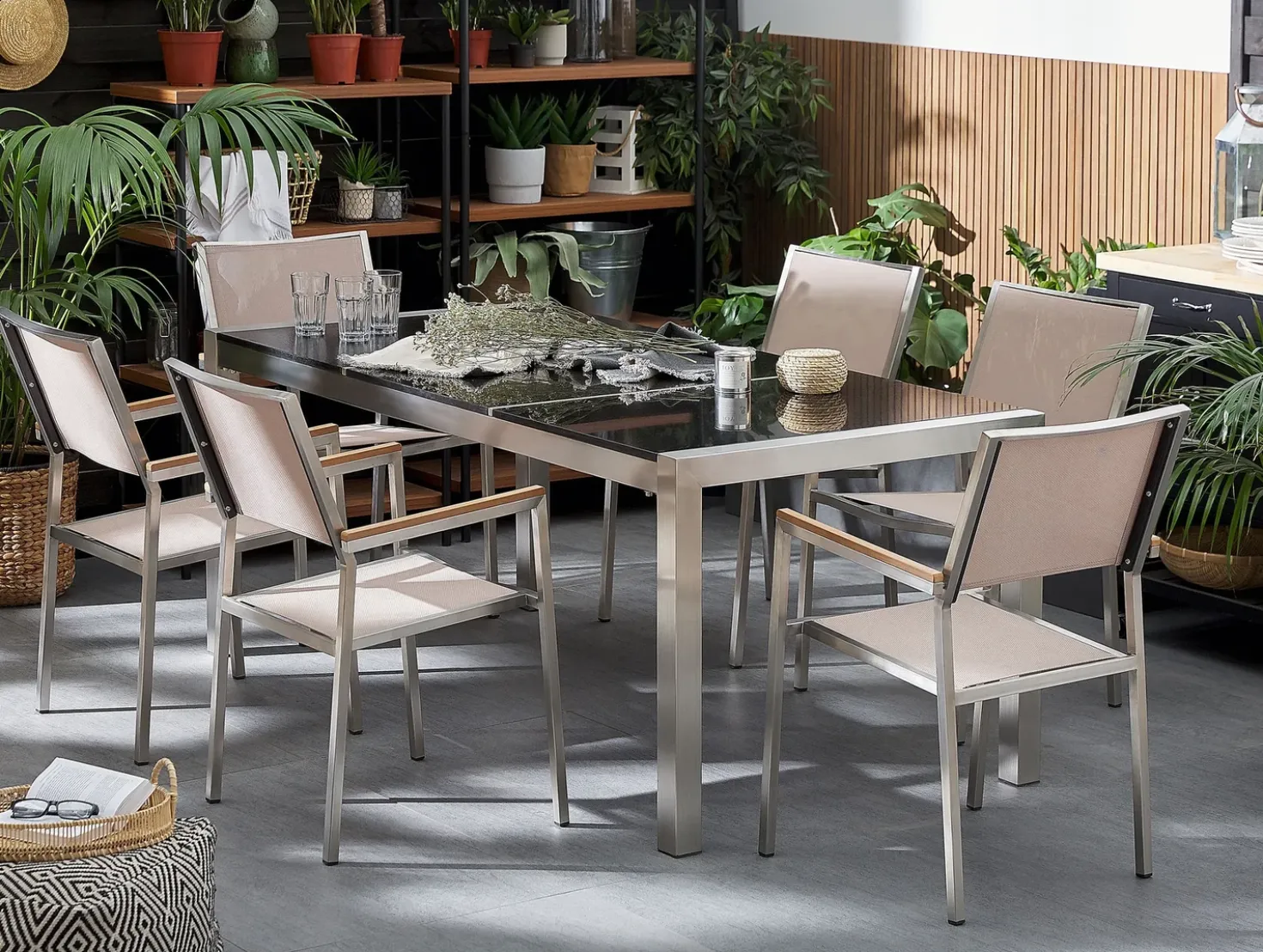 Set da pranzo da giardino 6 posti GROSSETO Piastra tripla Granito Lucido Nero/Beige