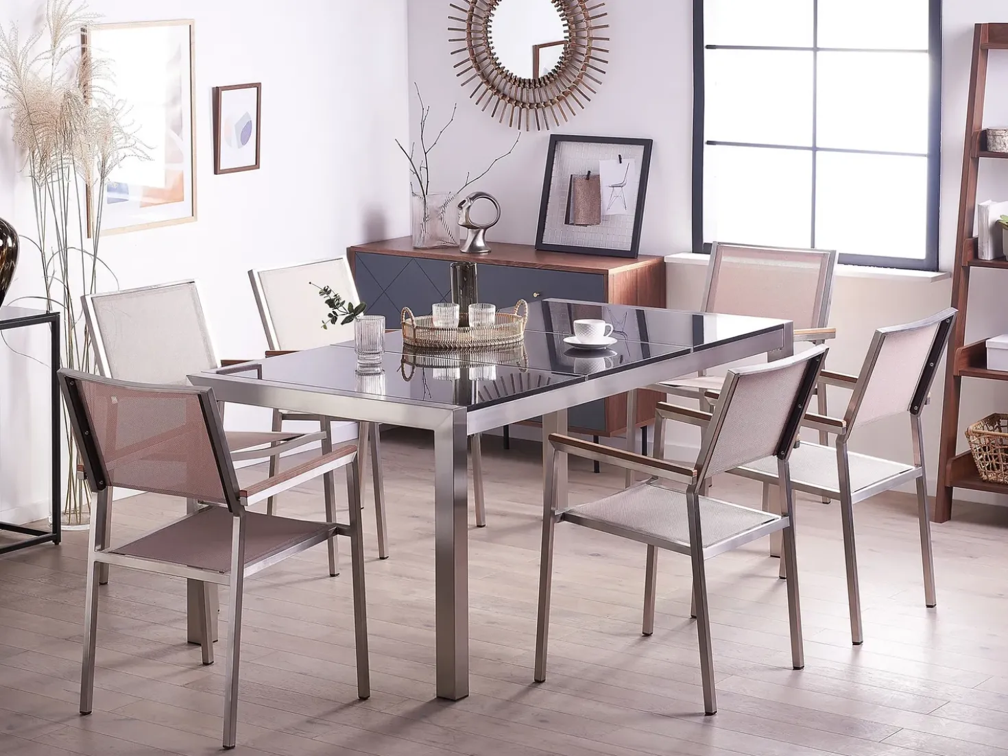 Set da pranzo da giardino 6 posti GROSSETO Piastra tripla Granito Lucido Nero/Beige