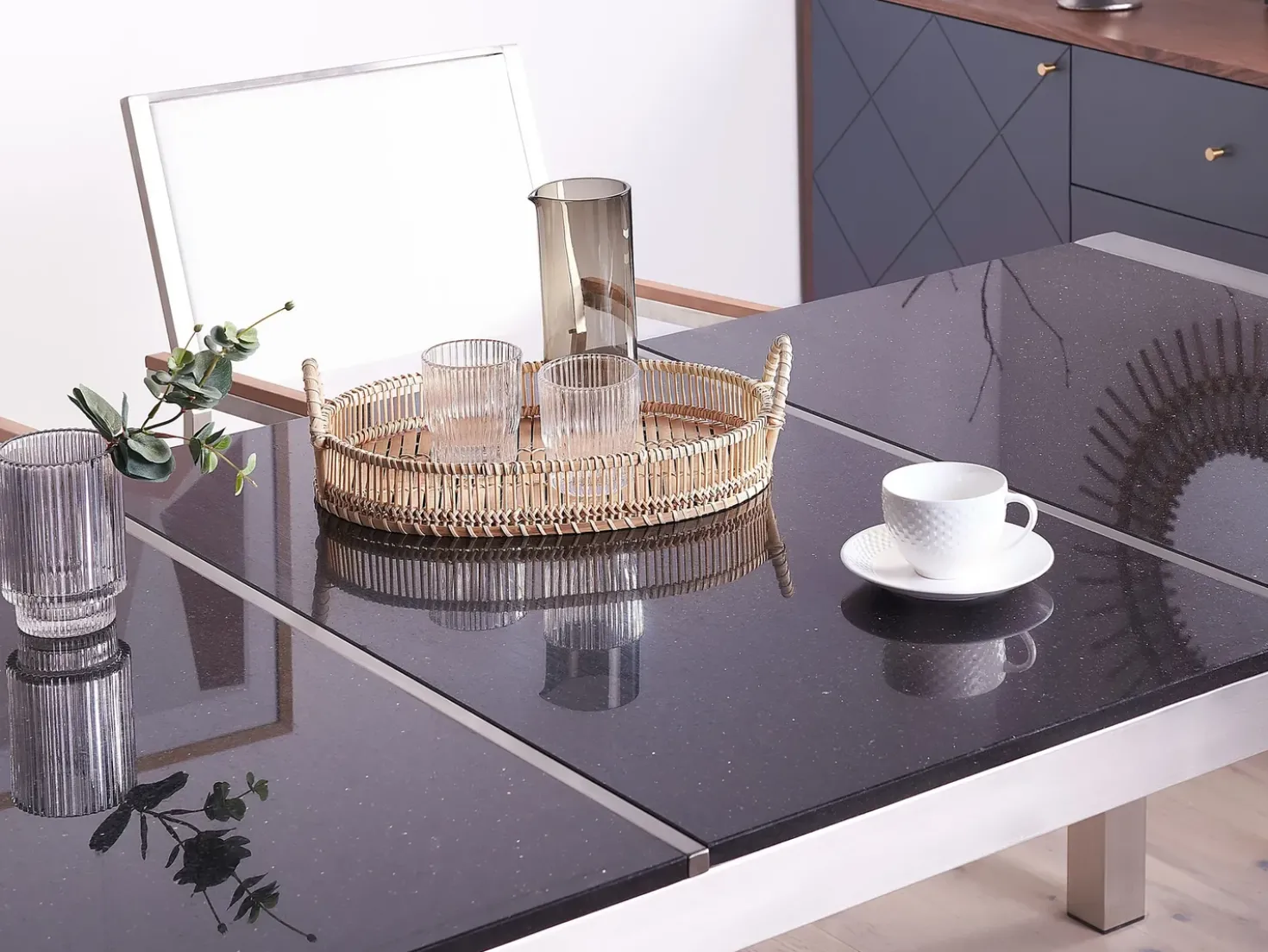 Set da pranzo da giardino 6 posti GROSSETO Piastra tripla Granito Lucido Nero/Beige