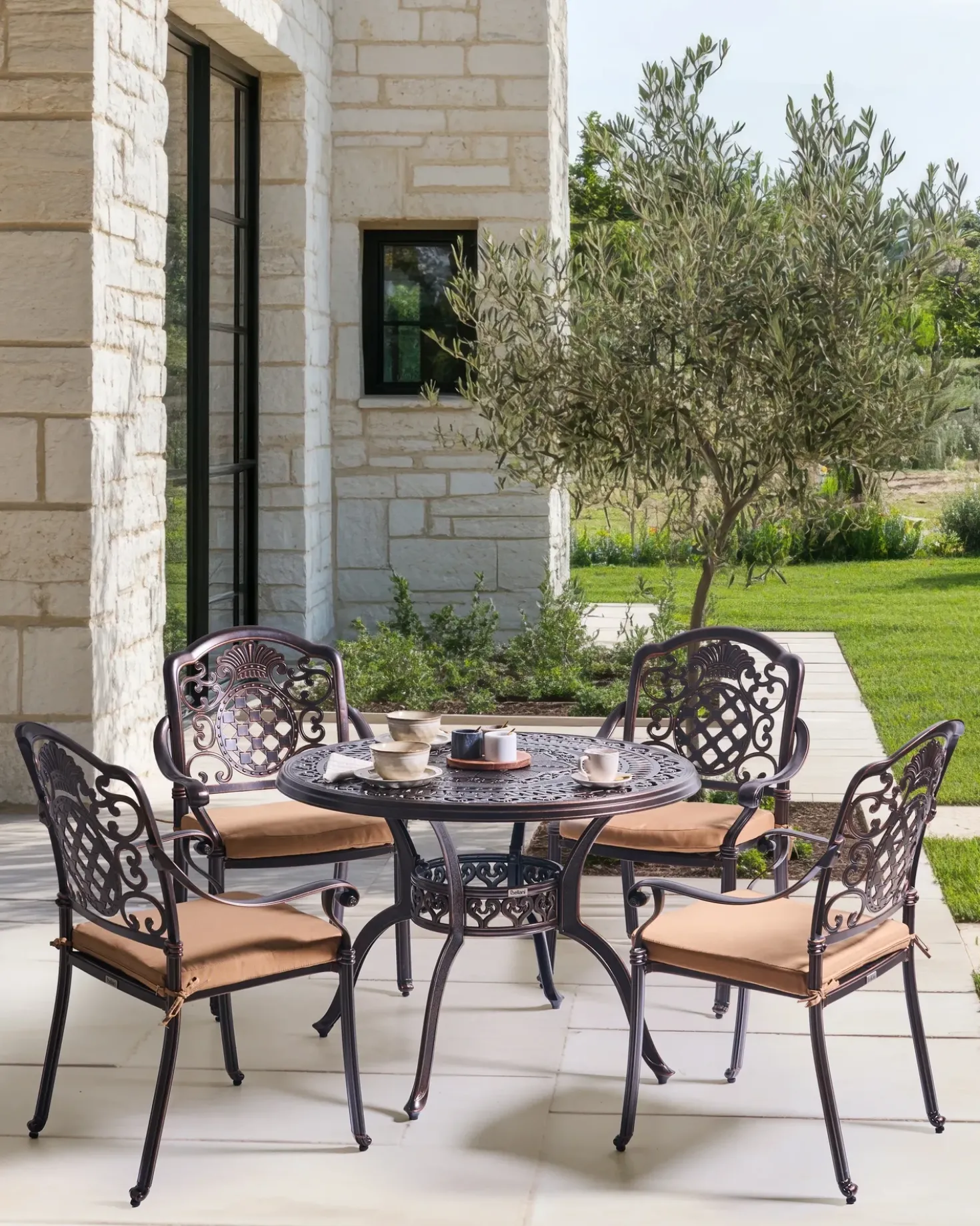 Set da pranzo da giardino 4 posti SALENTO con cuscini Metallo Marrone scuro
