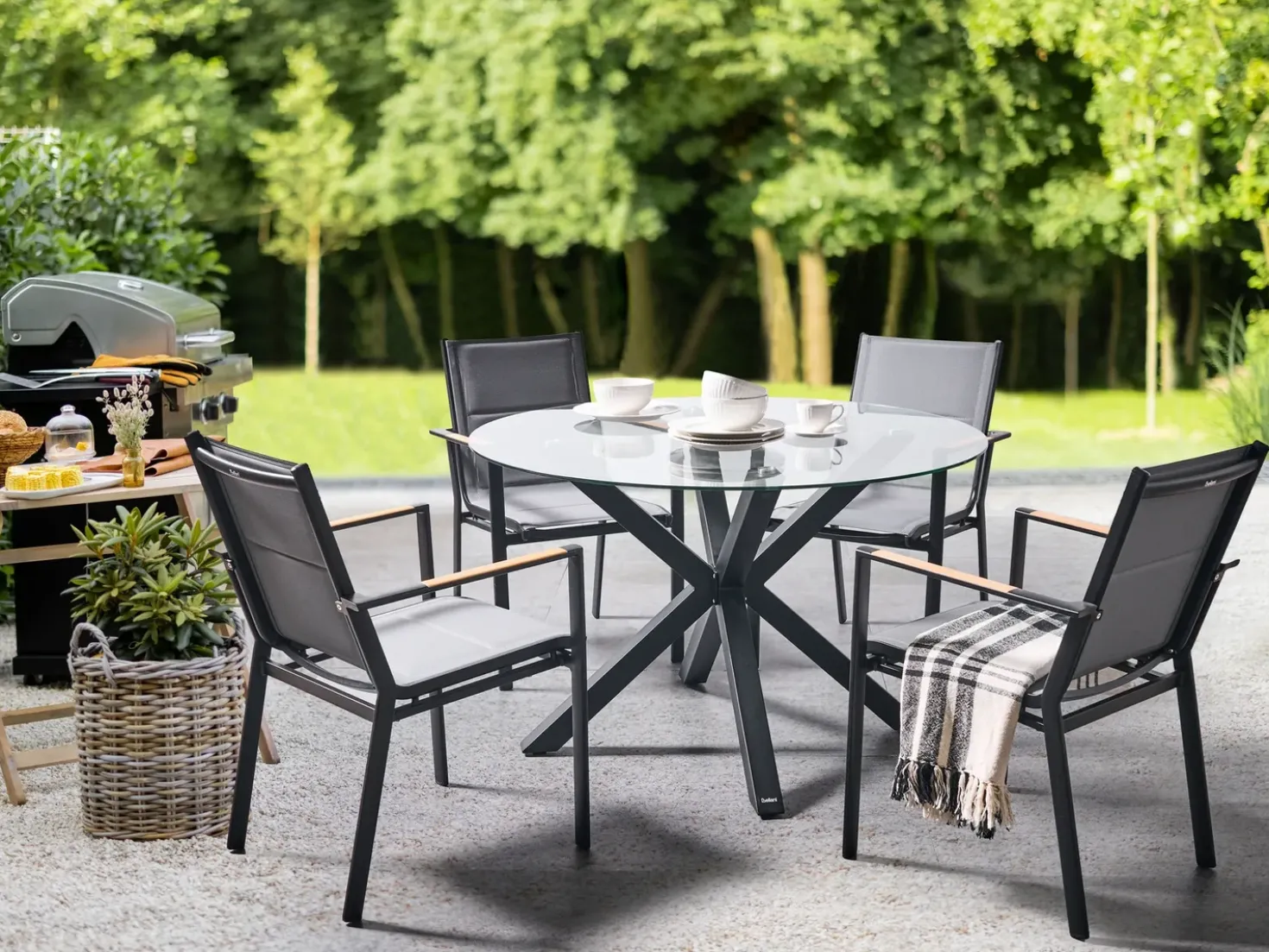 Set da pranzo da giardino 4 posti MALETTO/BUSSETO Vetro Nero