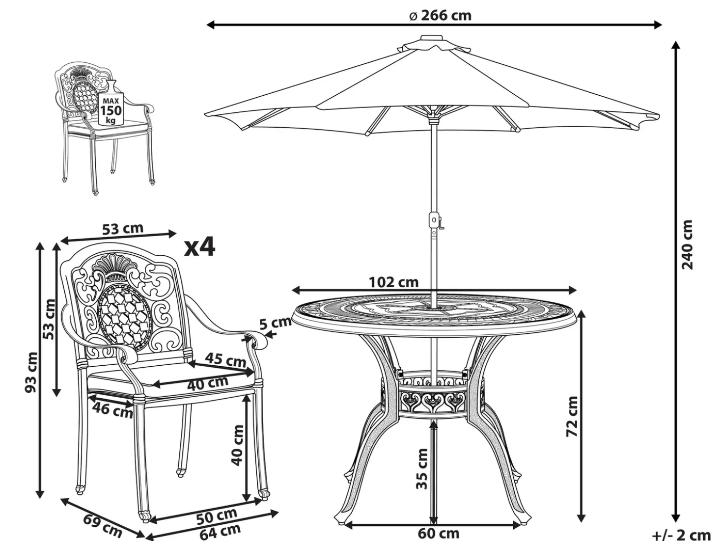 Set da pranzo da giardino 4 posti SALENTO con Ombrellone (16 opzioni) Metallo Marrone scuro