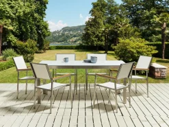 Set da pranzo da giardino 6 posti COSOLETO/GROSSETO Vetro temperato Effetto marmo Marmo bianco