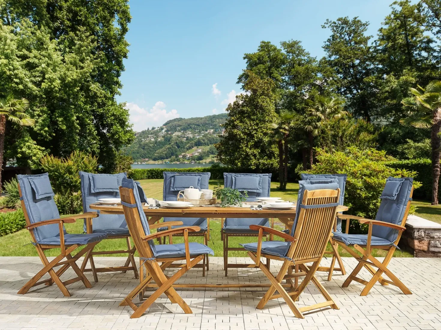 Set da pranzo da giardino 8 posti MAUI con cuscini Legno d'acacia Blu