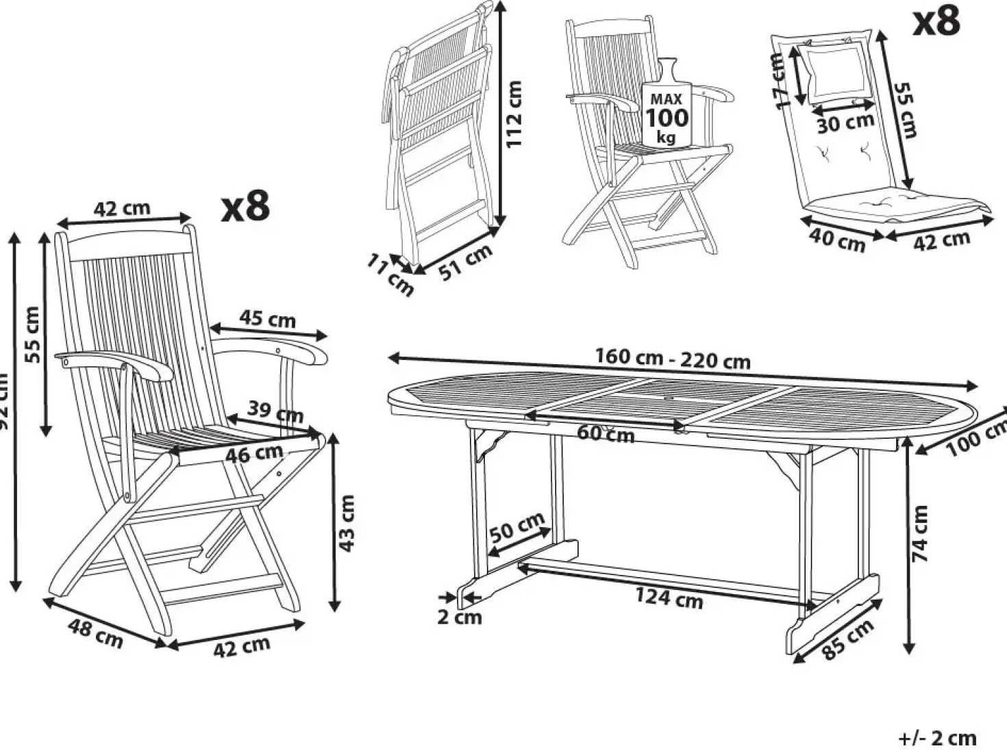 Set da pranzo da giardino 8 posti MAUI II con cuscini Legno d'acacia Grigio