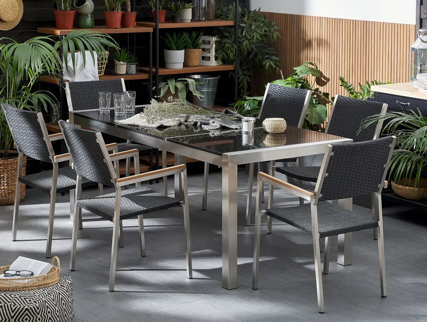 Set da pranzo da giardino 6 posti GROSSETO Piastra tripla Granito Lucido Nero