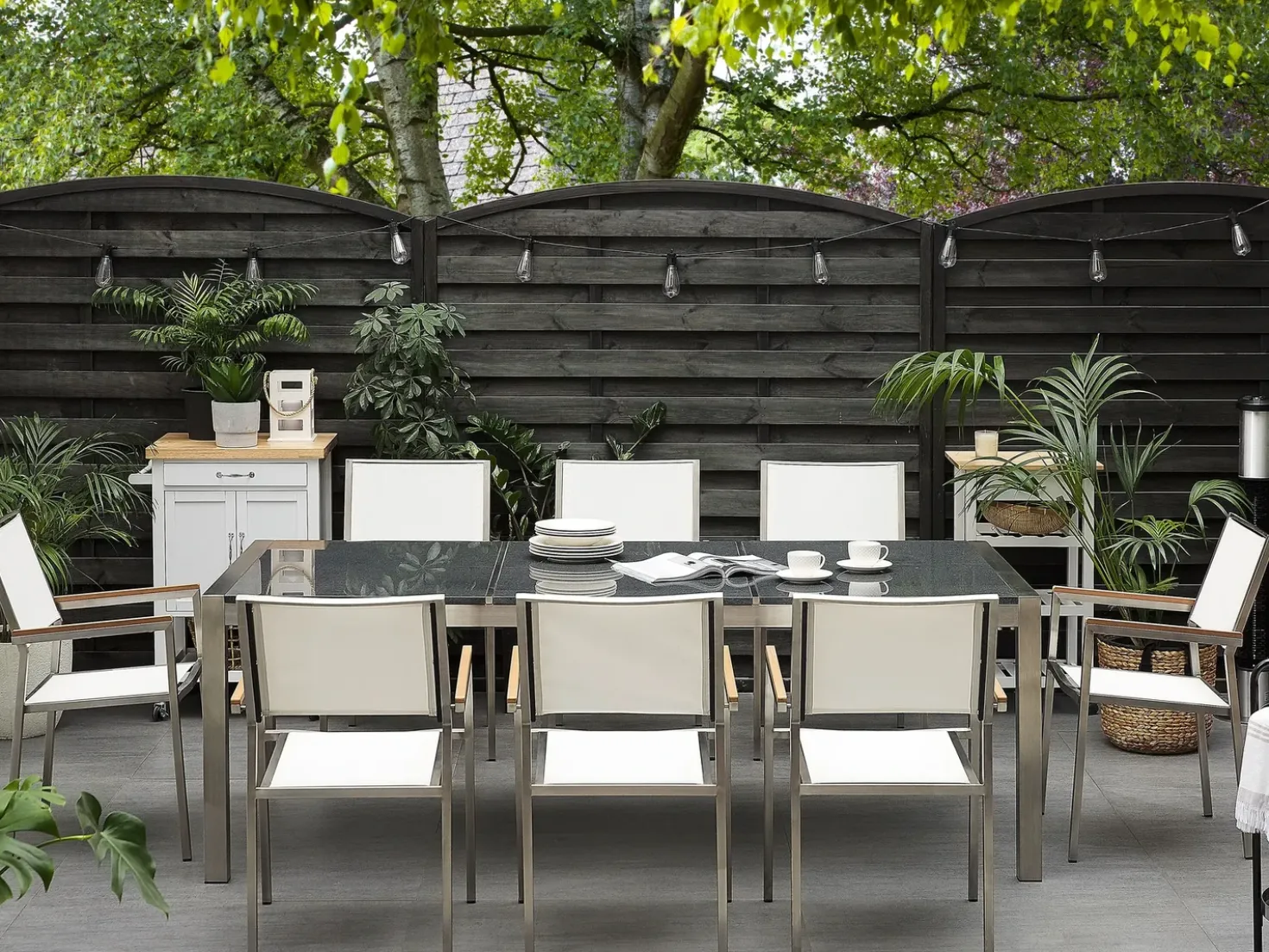 Set da pranzo da giardino 8 posti GROSSETO Piastra tripla Granito Lucido Grigio/Bianco