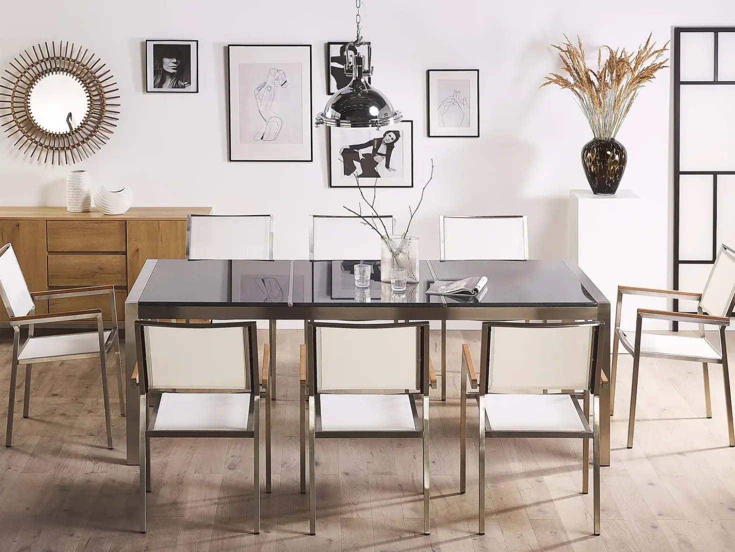 Set da pranzo da giardino 8 posti GROSSETO Piastra tripla Granito Lucido Grigio/Bianco