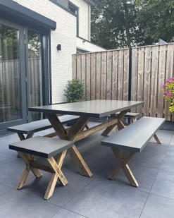 Set da pranzo da giardino con panche e sgabelli 8 posti OLBIA Cemento Grigio