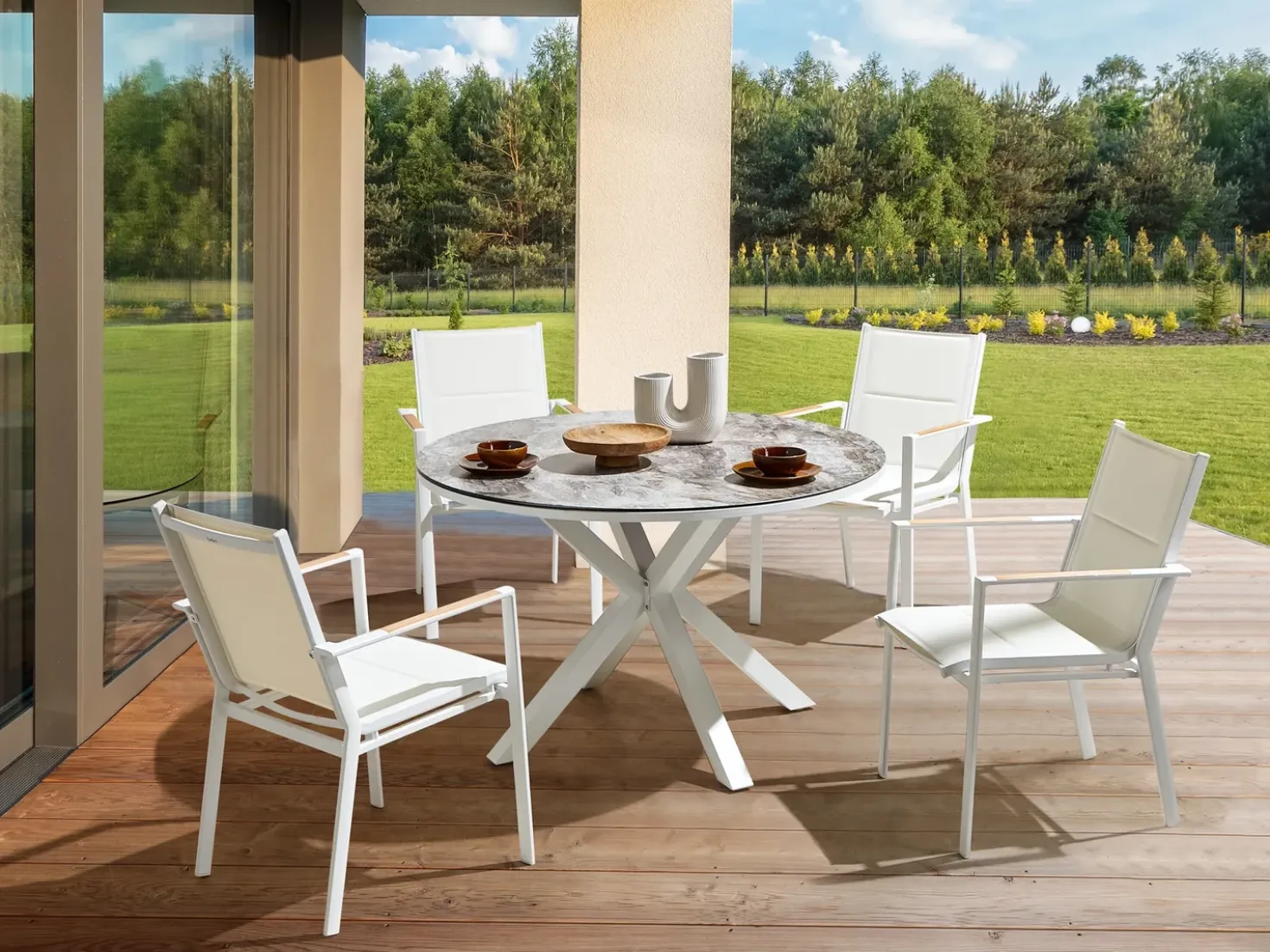 Set da pranzo da giardino 4 posti MALETTO/BUSSETO Metallo Effetto marmo Bianco