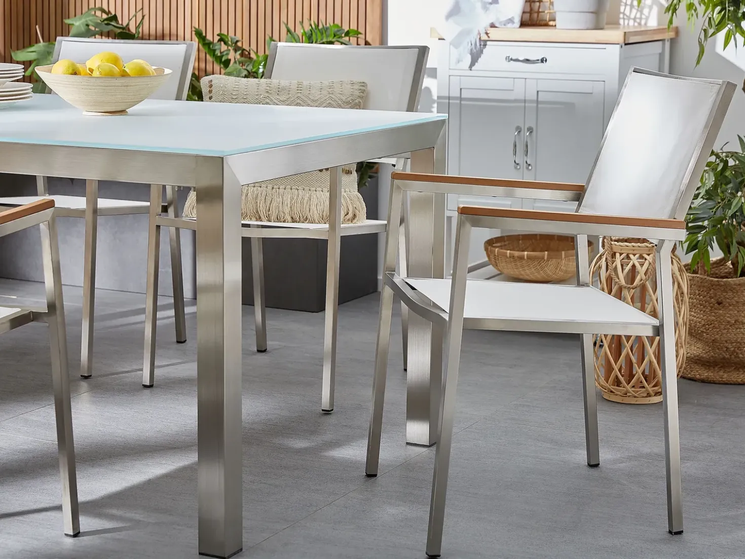 Set da pranzo da giardino 6 posti GROSSETO Piastra tripla Granito Lucido Grigio/Bianco