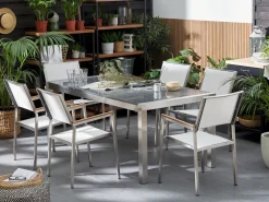 Set da pranzo da giardino 6 posti GROSSETO Piastra tripla Granito Lucido Grigio/Bianco