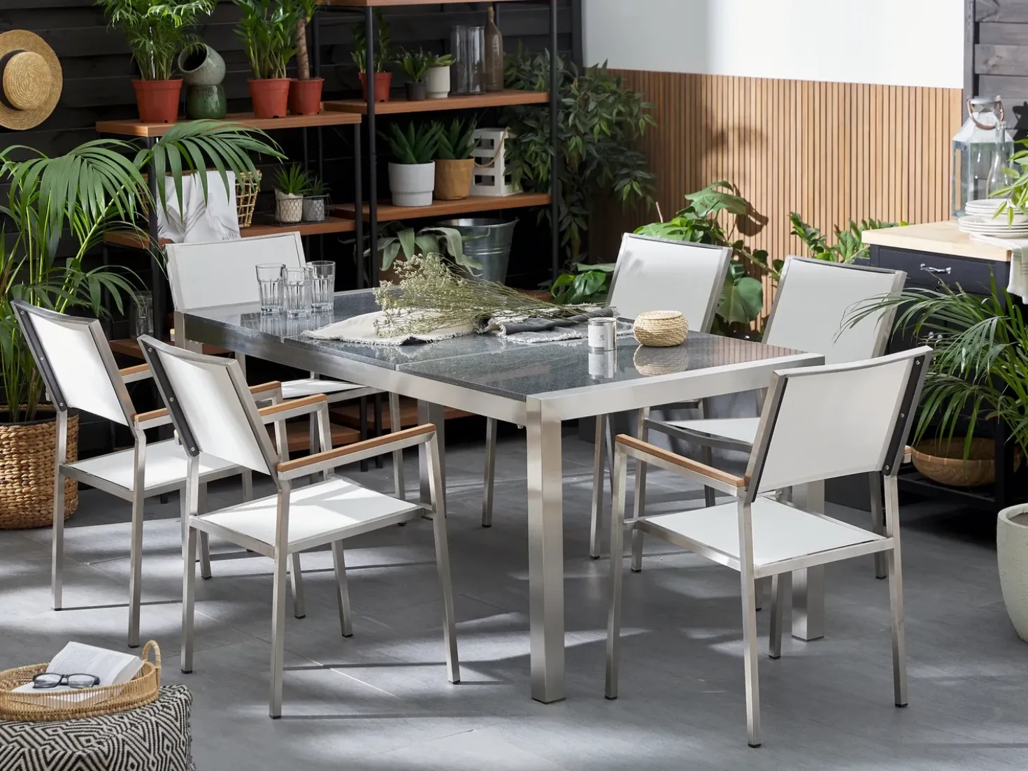 Set da pranzo da giardino 6 posti GROSSETO Piastra tripla Granito Lucido Grigio/Bianco