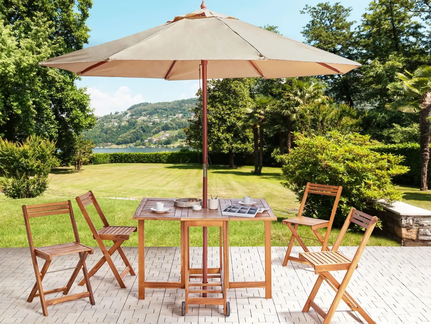 Set da pranzo da giardino 4 posti FRASSINE con Ombrellone (12 opzioni) Legno d'acacia Naturale