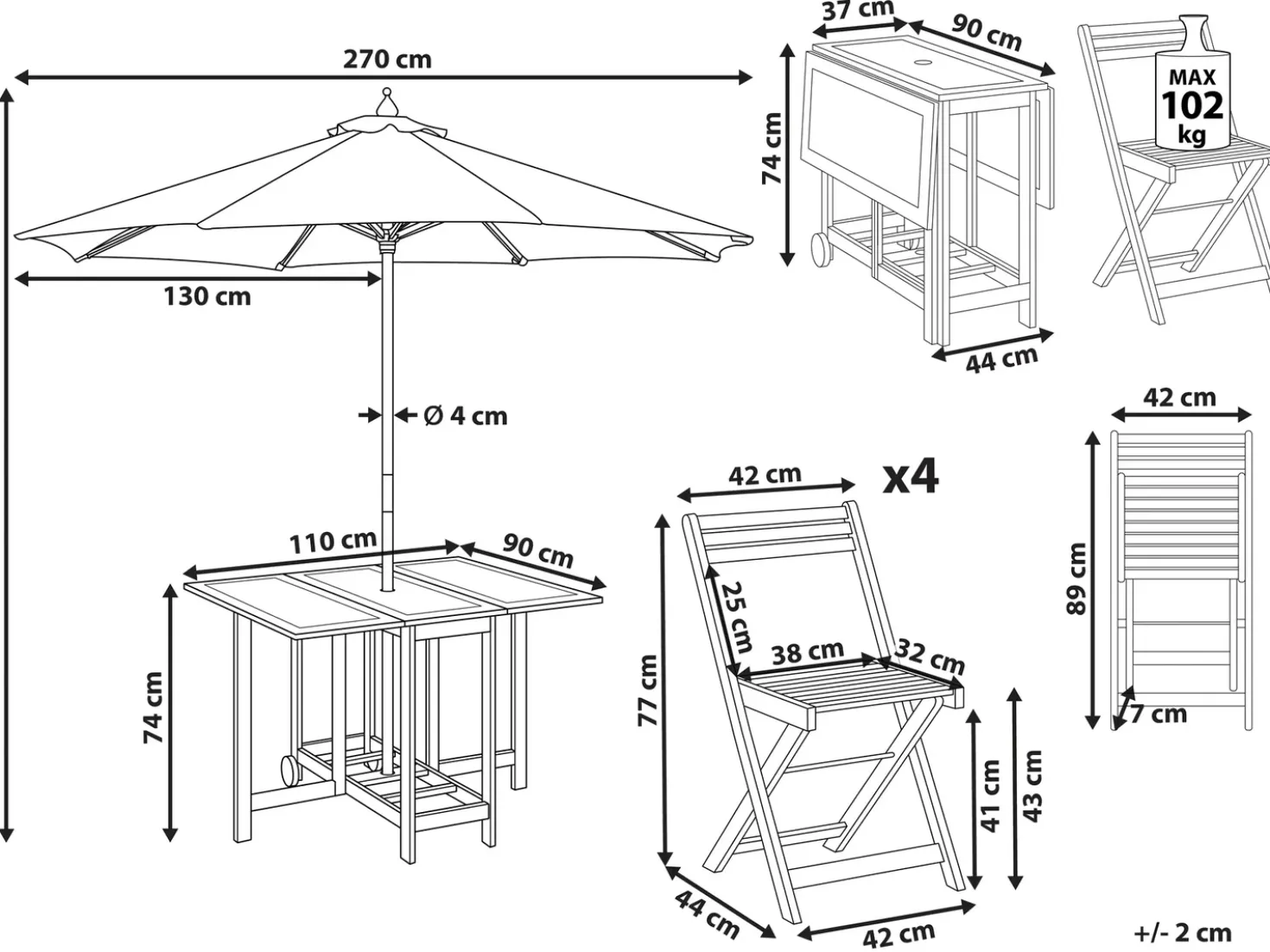 Set da pranzo da giardino 4 posti FRASSINE con Ombrellone (12 opzioni) Legno d'acacia Naturale
